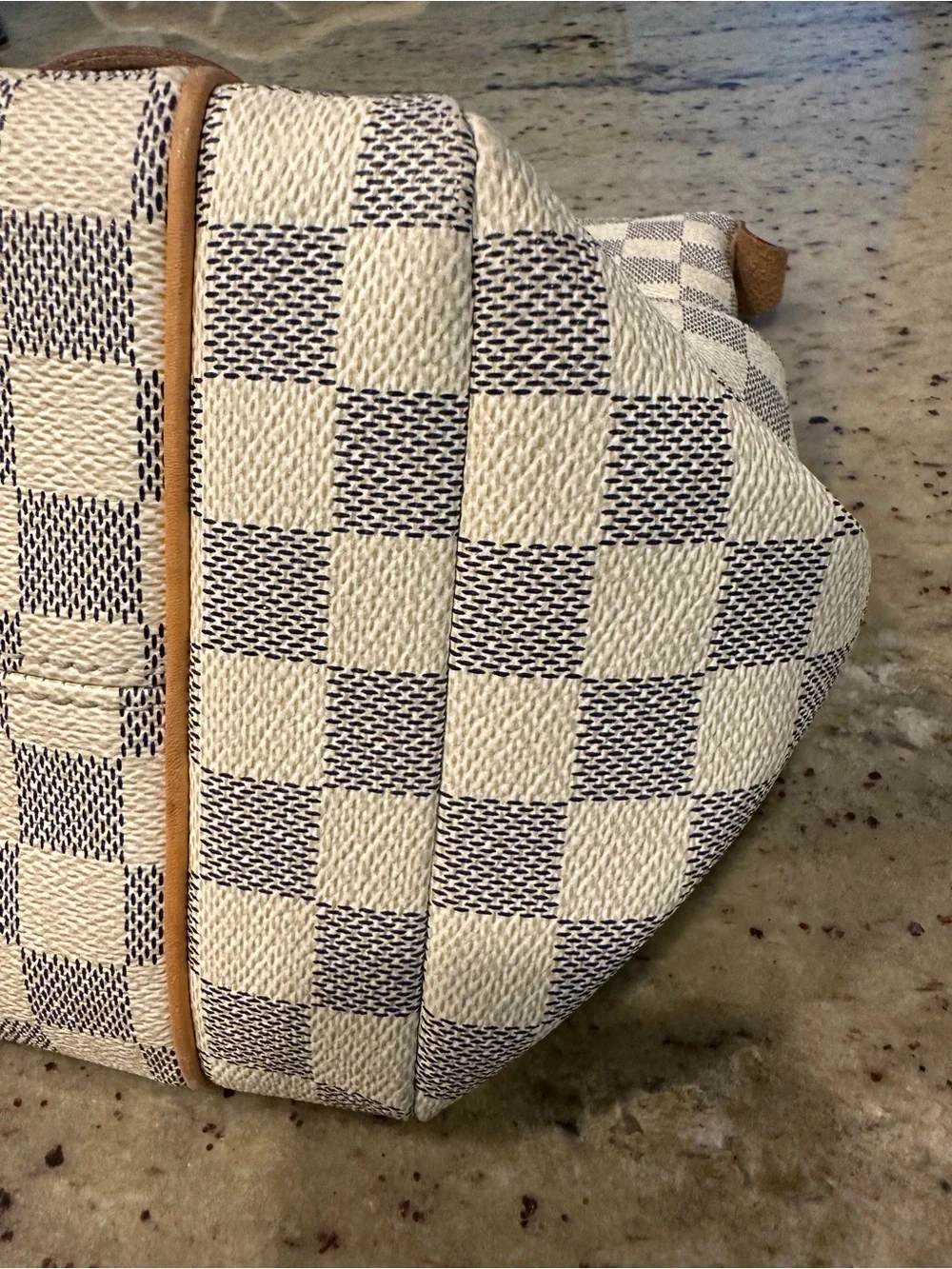 Louis Vuitton White Checkered Damier Azur Tote with Tan Leather Straps